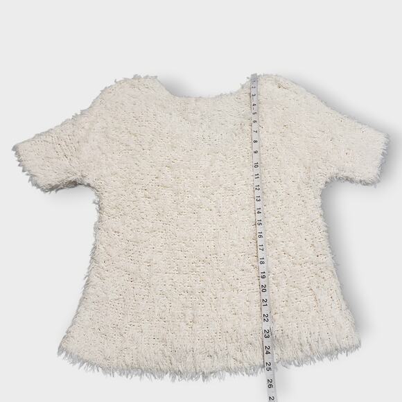 Nation Ltd. Shaggy Fuzzy Short Sleeve V-Neck Teddy Sweater Tee Cream Sz Small - Picture 12 of 12